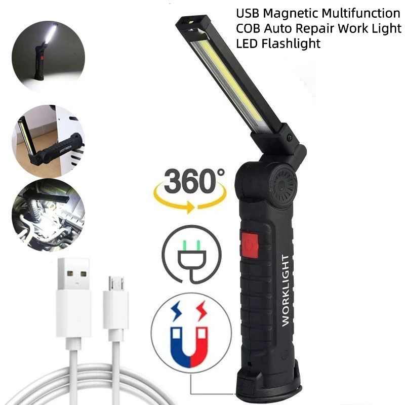 USB Multi-function COB Auto Repair Work Light LED Flashlight Rechargeable Red Light Warning Light Strong Light Emergency Overhaul Light, 360° Rotating Mechanical Light with Magnetic Base Hook Black