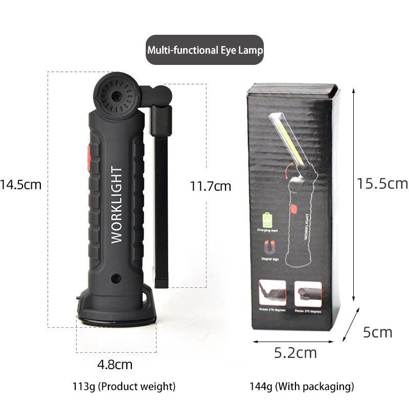 USB Multi-function COB Auto Repair Work Light LED Flashlight Rechargeable Red Light Warning Light Strong Light Emergency Overhaul Light, 360° Rotating Mechanical Light with Magnetic Base Hook Black