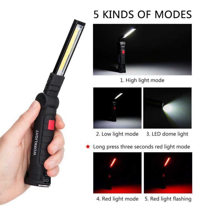 USB Multi-function COB Auto Repair Work Light LED Flashlight Rechargeable Red Light Warning Light Strong Light Emergency Overhaul Light, 360° Rotating Mechanical Light with Magnetic Base Hook Black
