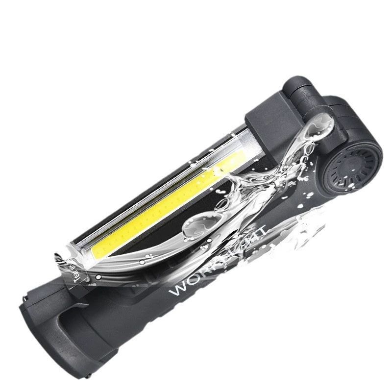 USB Multi-function COB Auto Repair Work Light LED Flashlight Rechargeable Red Light Warning Light Strong Light Emergency Overhaul Light, 360° Rotating Mechanical Light with Magnetic Base Hook Black