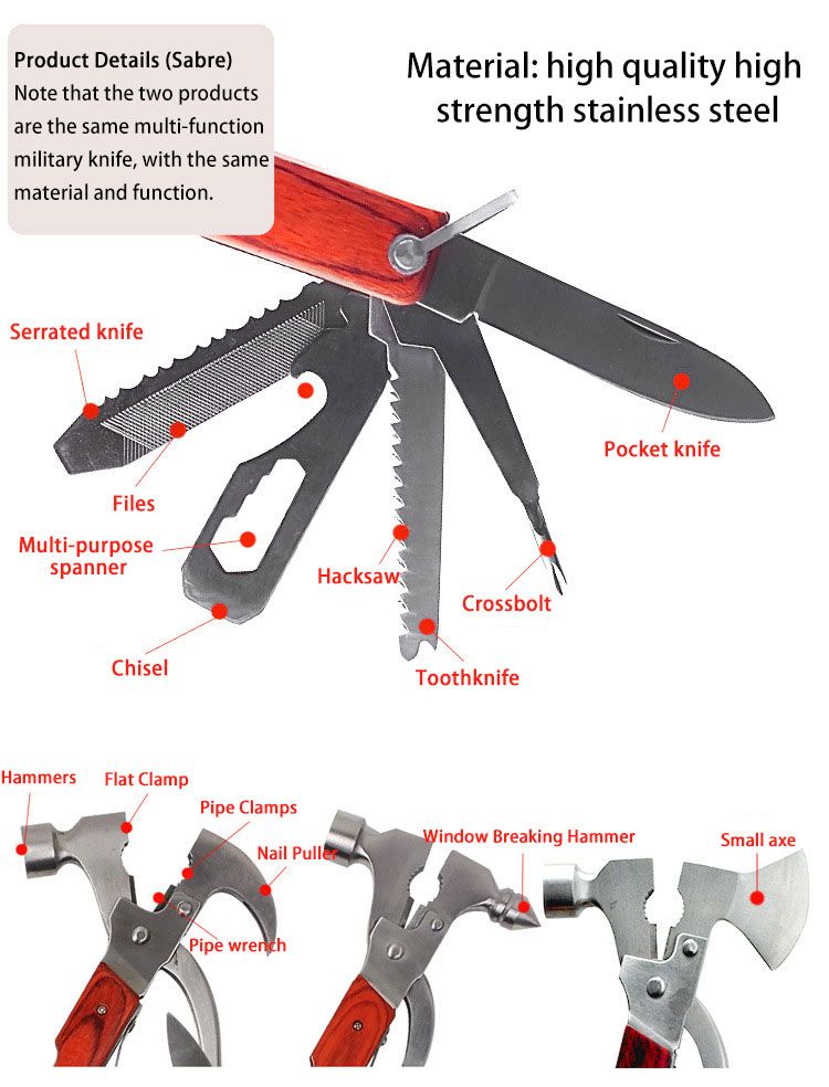 Multi-tool 16 in 1 Three types of hammers Tapered hammer Axe hammer Ram's crook hammer Car safety hammer Window breakers Emergency escape Folding survival kit Camping multi-tool accessories