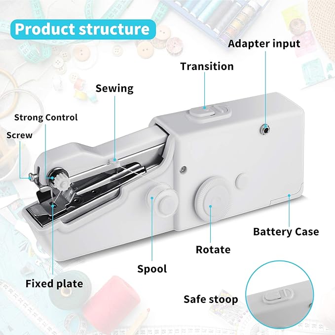 2colours Handheld Mini Portable Sewing Machine Handheld Sewing Machine Needlework Electric Home Quick Repair Tool Easy to Operate Comes with sewing kit and usb charging cable Battery can be installed.