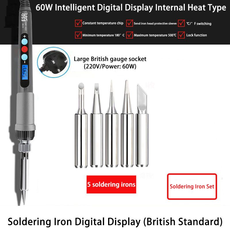 Internal Digital Display Soldering Iron Kit+5pcs Soldering Iron Tips 60W/220V Adjustable Temperature 180-500°C Electric Soldering Tool Home Use Soldering Soldering Heating Nib Repair Tool