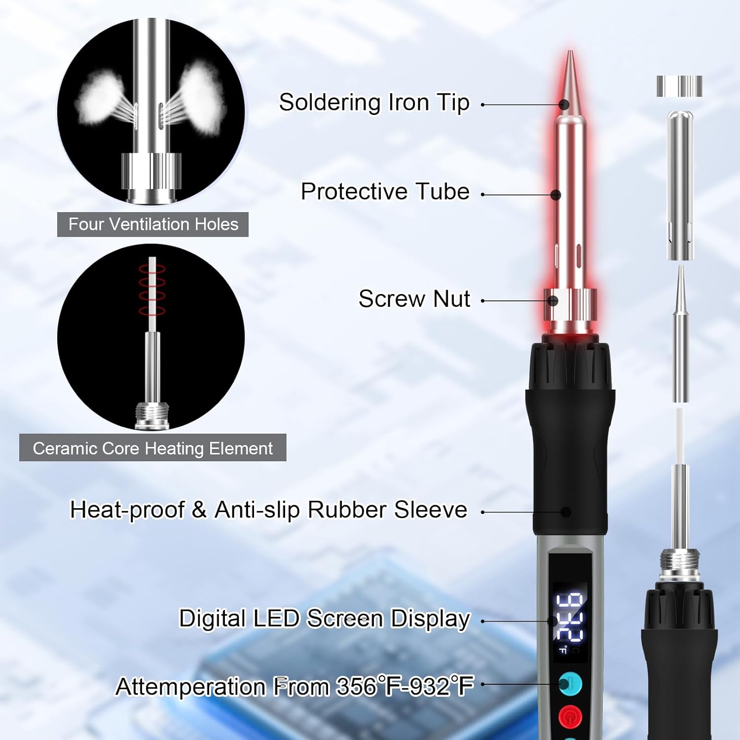 Internal Digital Display Soldering Iron Kit+5pcs Soldering Iron Tips 60W/220V Adjustable Temperature 180-500°C Electric Soldering Tool Home Use Soldering Soldering Heating Nib Repair Tool