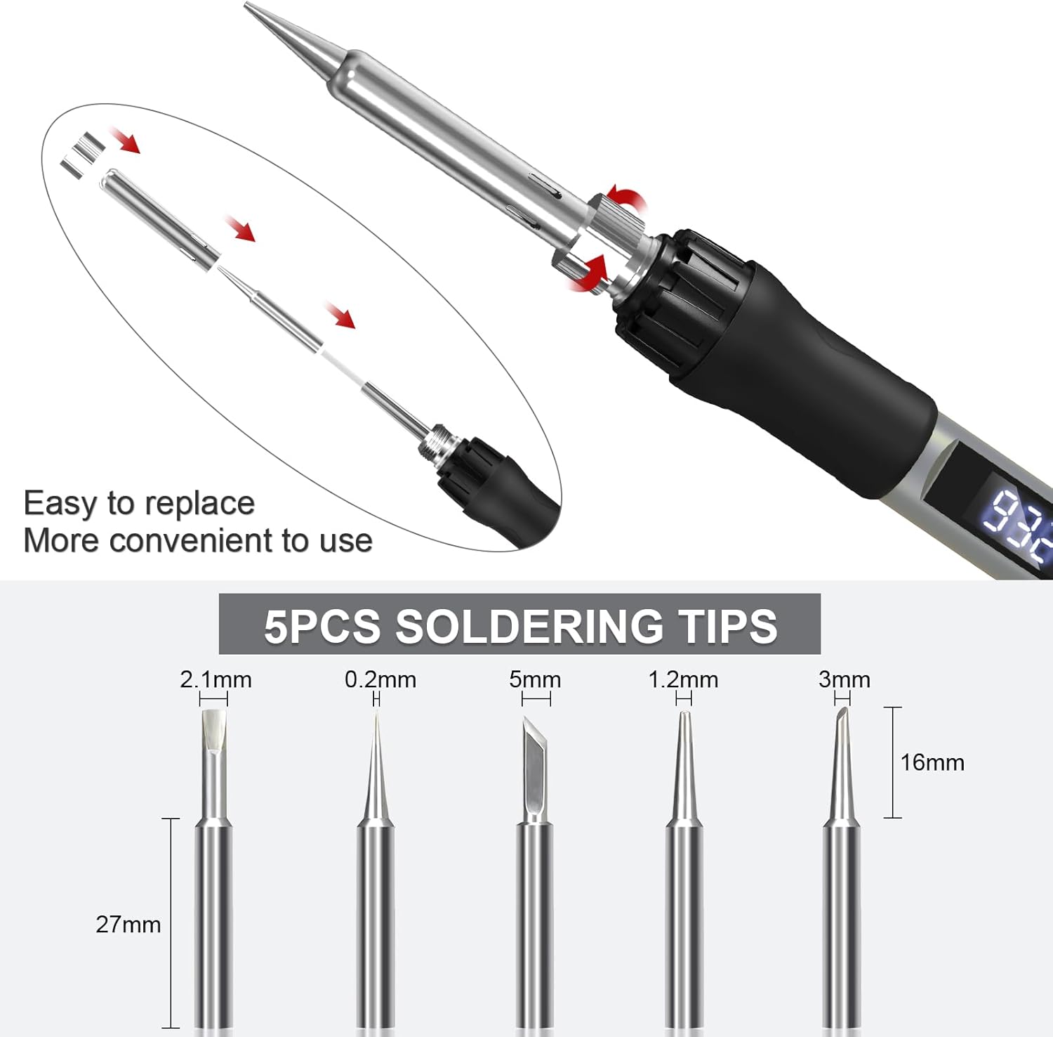 Internal Digital Display Soldering Iron Kit+5pcs Soldering Iron Tips 60W/220V Adjustable Temperature 180-500°C Electric Soldering Tool Home Use Soldering Soldering Heating Nib Repair Tool