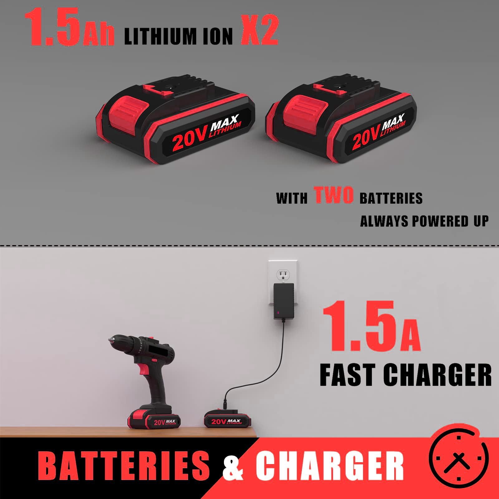 21 V Cordless Multi-Function Cordless Hybrid Drill 3 speeds Lithium Ion Drill (Includes five 1200 mAh Lithium Ion Removable Batteries x 2) Includes Bit, Drill Bit, Sleeve and other Accessories