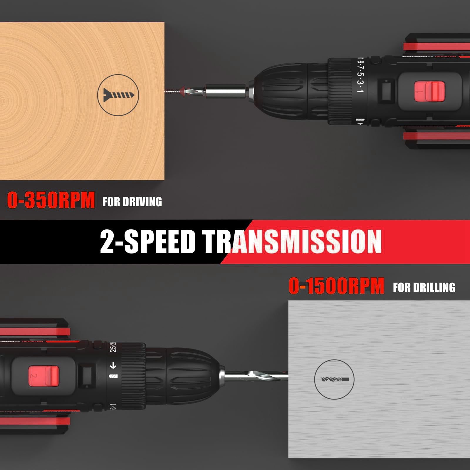 21 V Cordless Multi-Function Cordless Hybrid Drill 3 speeds Lithium Ion Drill (Includes five 1200 mAh Lithium Ion Removable Batteries x 2) Includes Bit, Drill Bit, Sleeve and other Accessories