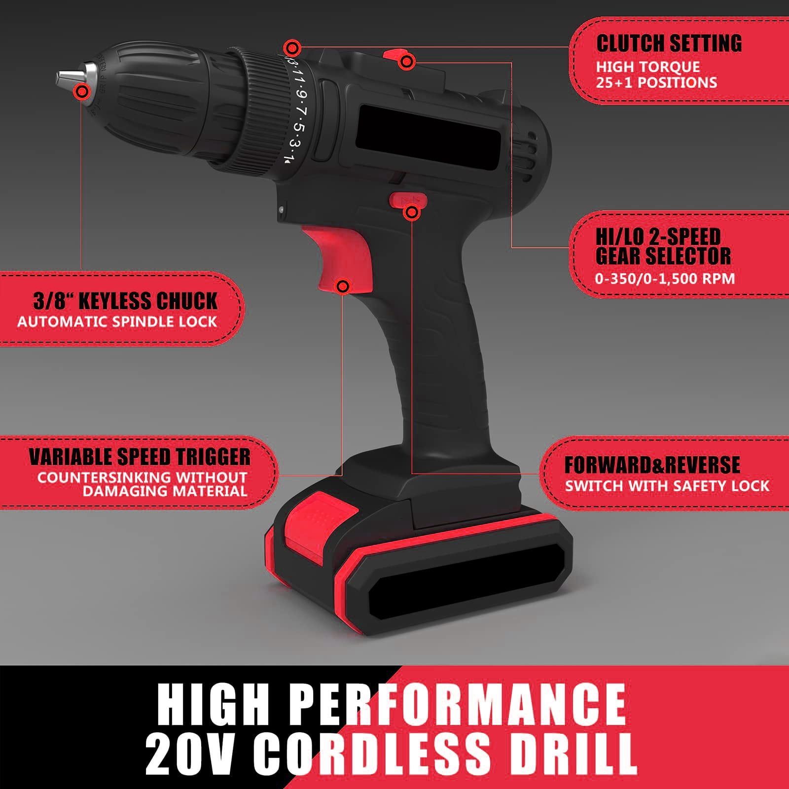 21 V Cordless Multi-Function Cordless Hybrid Drill 3 speeds Lithium Ion Drill (Includes five 1200 mAh Lithium Ion Removable Batteries x 2) Includes Bit, Drill Bit, Sleeve and other Accessories