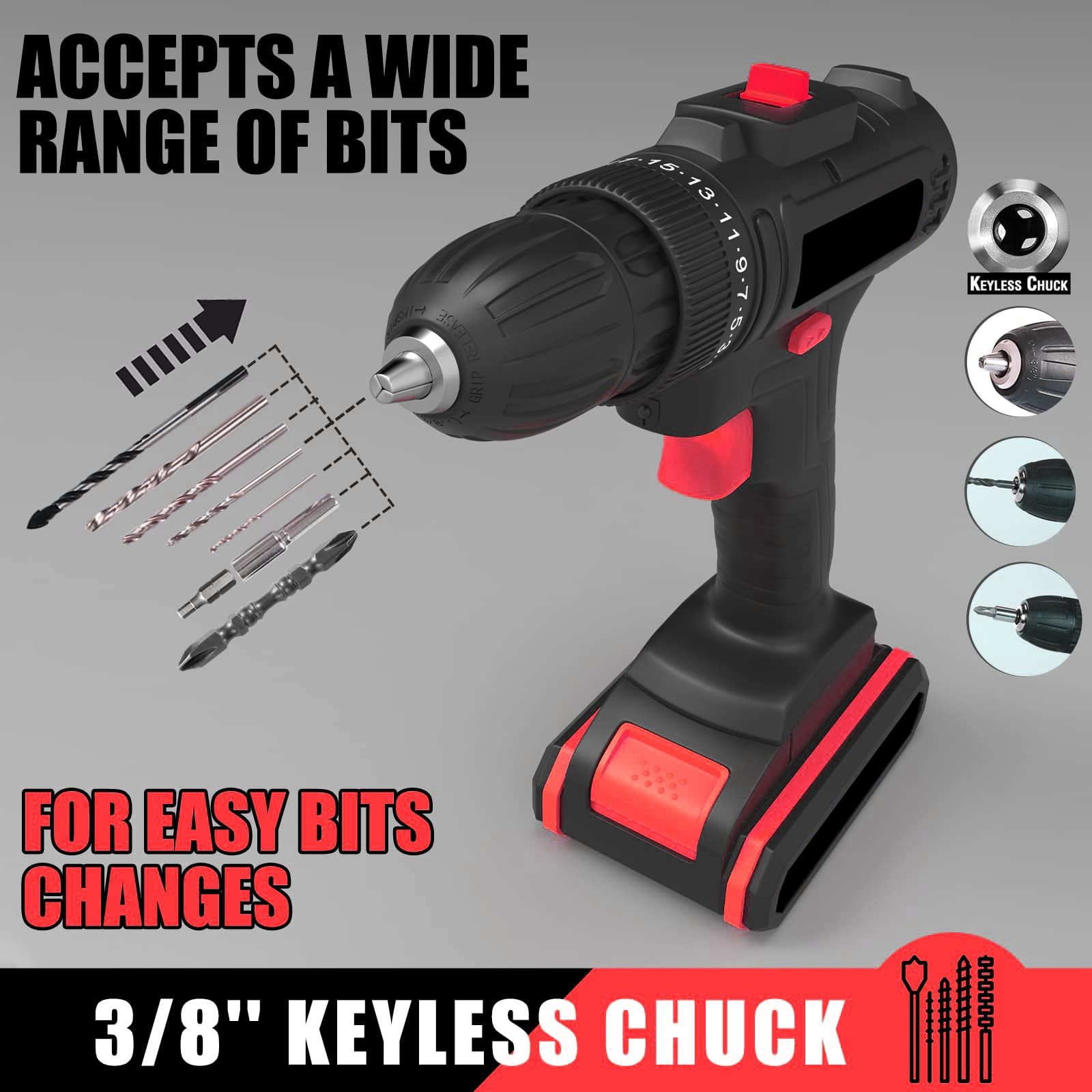 21 V Cordless Multi-Function Cordless Hybrid Drill 3 speeds Lithium Ion Drill (Includes five 1200 mAh Lithium Ion Removable Batteries x 2) Includes Bit, Drill Bit, Sleeve and other Accessories
