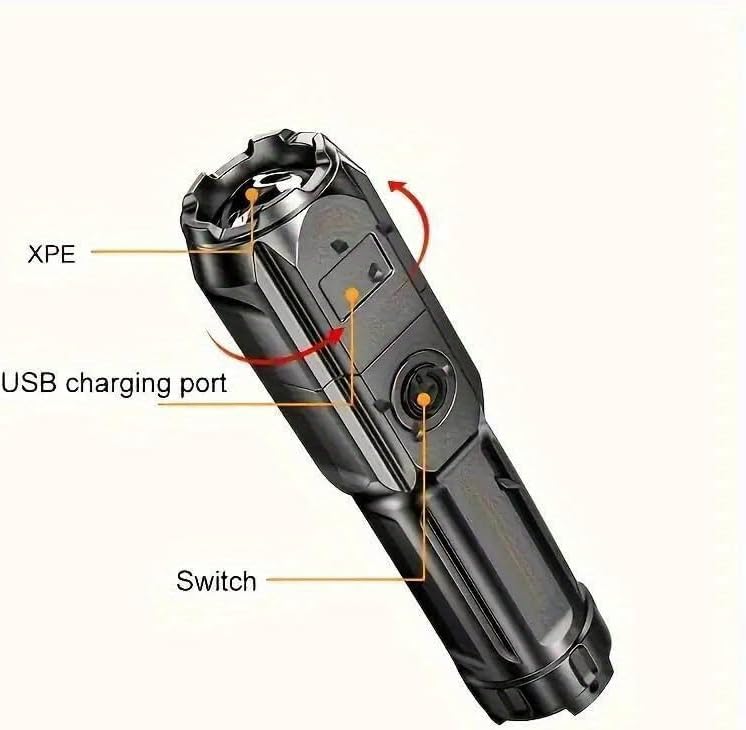 LED torch Lights up to 1000m - Rechargeable torch High battery life Powerful tactical torch with LCD power display and zoom function, 3 lighting modes for camping, hiking and emergencies