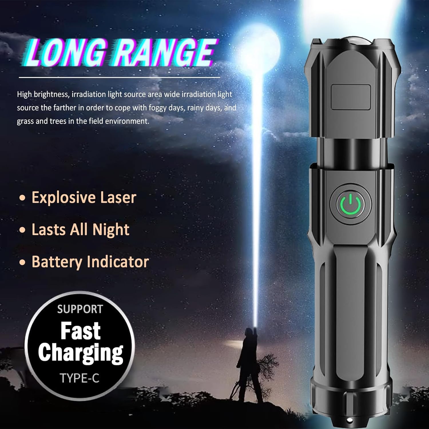 LED torch Lights up to 1000m - Rechargeable torch High battery life Powerful tactical torch with LCD power display and zoom function, 3 lighting modes for camping, hiking and emergencies