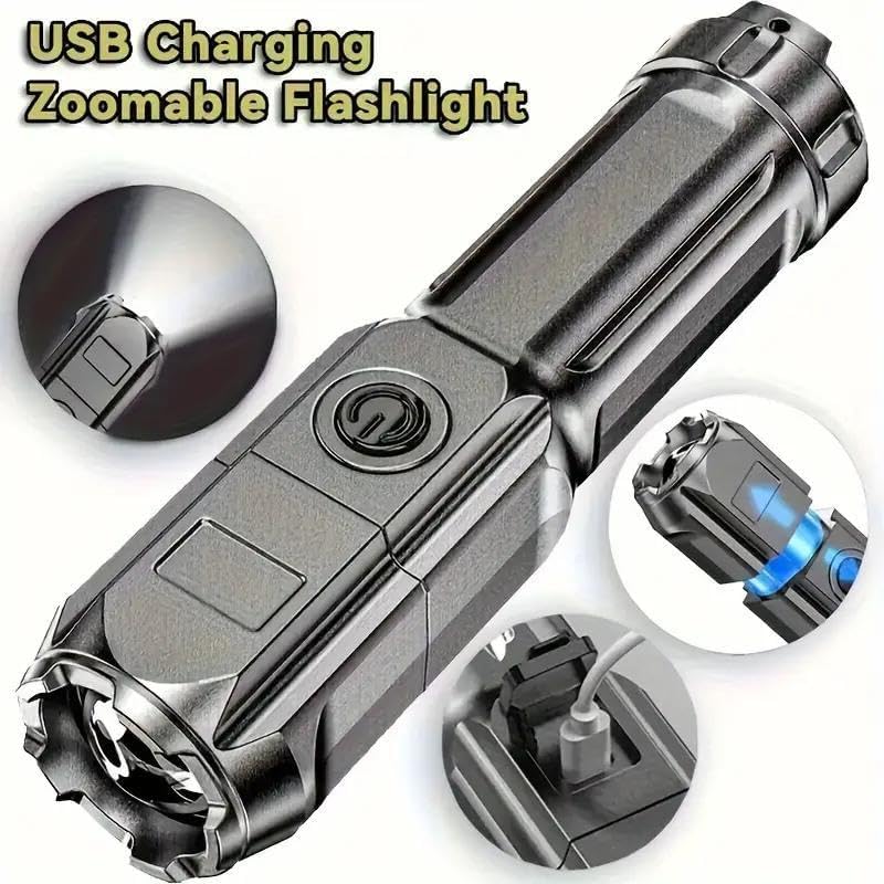 LED torch Lights up to 1000m - Rechargeable torch High battery life Powerful tactical torch with LCD power display and zoom function, 3 lighting modes for camping, hiking and emergencies