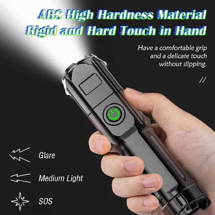 Rechargeable LED Tactical Torch with 200M Long Range - Powerful Zoomable Flashlight with 3 Modes - Ideal for Home Security, Blackouts & Camping (Black)