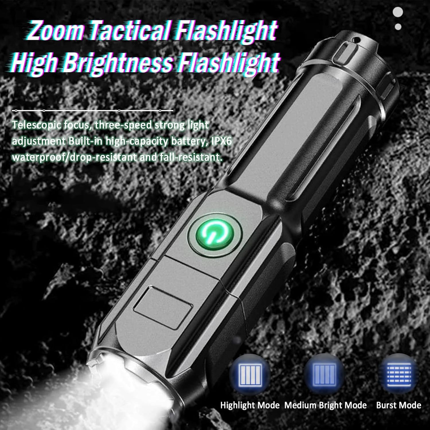 LED torch Lights up to 1000m - Rechargeable torch High battery life Powerful tactical torch with LCD power display and zoom function, 3 lighting modes for camping, hiking and emergencies