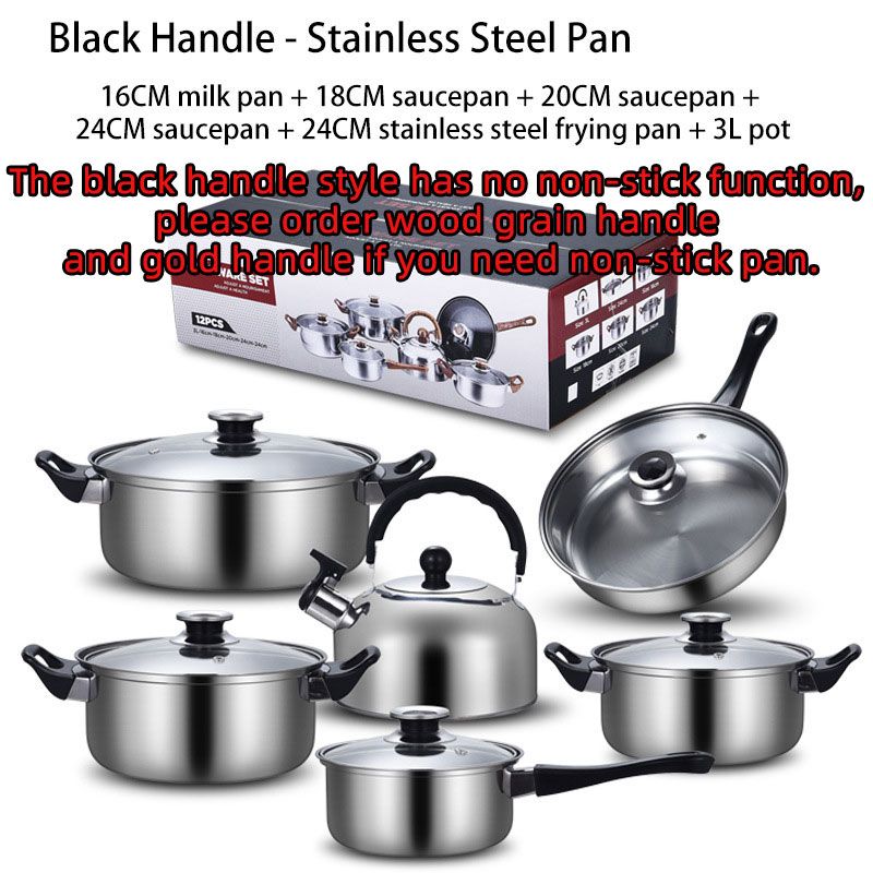 12PCS Non-Stick Kitchen Cookware Cookware Set with Frying Pan Pan (6 Pots + 6 Lids) + 1PC 16CM Milk Pan +18CM Saucepan +20CM Saucepan +24CM Saucepan + 24CM Non-Stick Frying Pan + 3L Pot