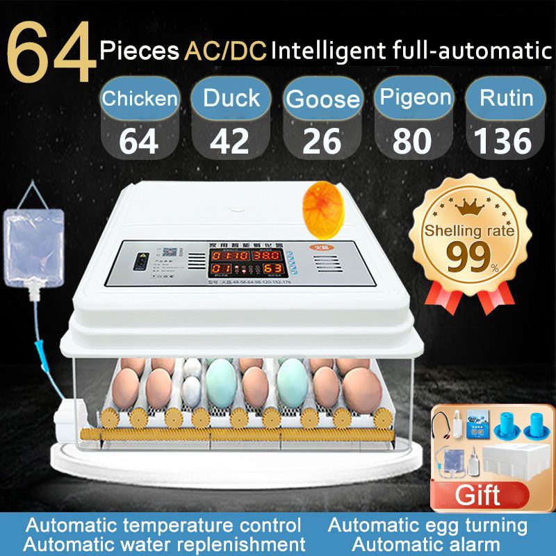 64 eggs Motorised automatic incubator (AC/DC) with humidification, rehydration and temperature control Automatic egg turning Chickens, ducks, geese, quails, quails, rutabagas, pigeons Incubator