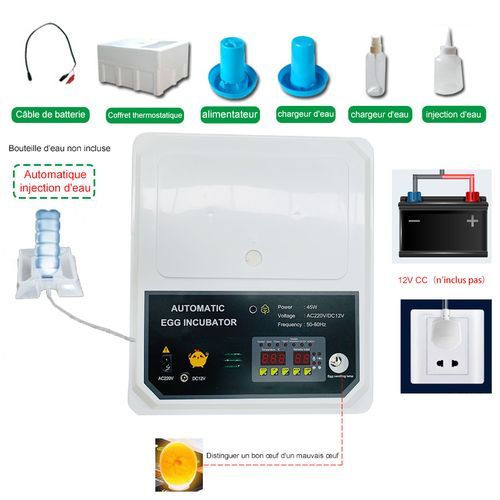 64 eggs Motorised automatic incubator (AC/DC) with humidification, rehydration and temperature control Automatic egg turning Chickens, ducks, geese, quails, quails, rutabagas, pigeons Incubator