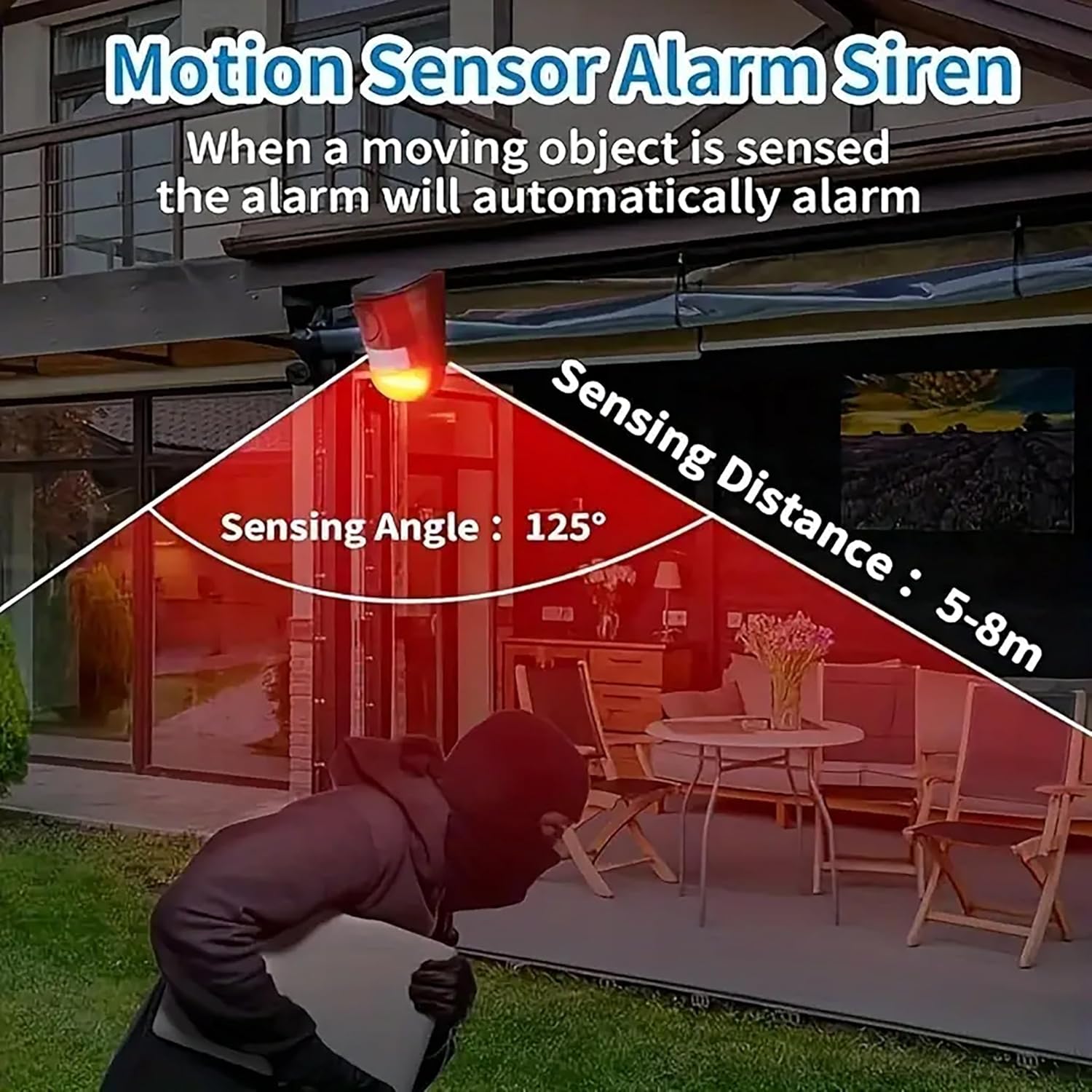 All Day Range Solar Alarm Sound and Light IP65 Waterproof Motion Sensor Alarm Light Anti-theft Infrared Human Sensor  Control Warning Flashing Lights Wireless Garden Yard Farm Constant power