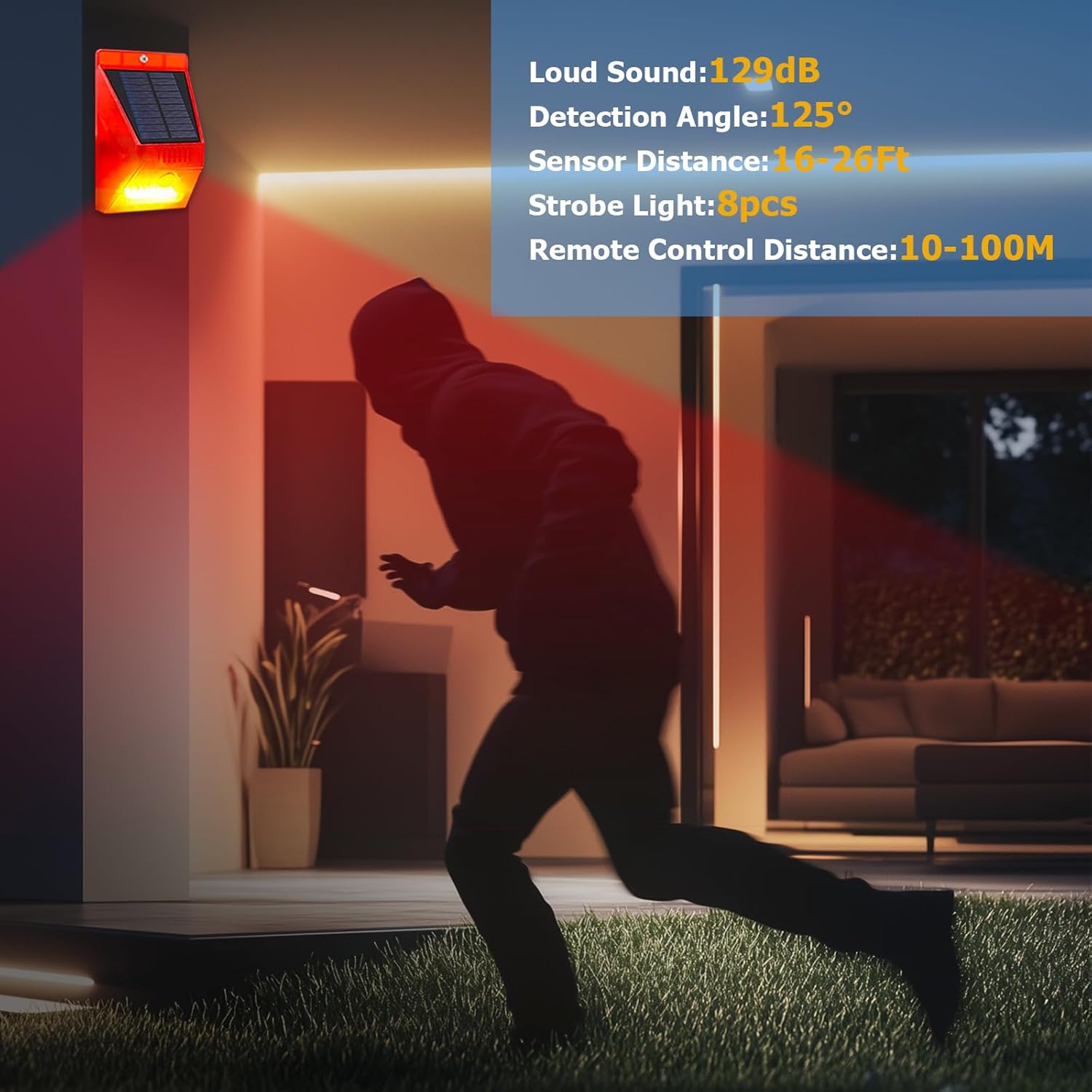 Wireless remote control 4 light modes All Day Range Solar Alarm Sound and Light IP65 Waterproof Motion Sensor Alarm Light Anti-theft Infrared Warning Flashing Lights Wireless Garden Yard Farm