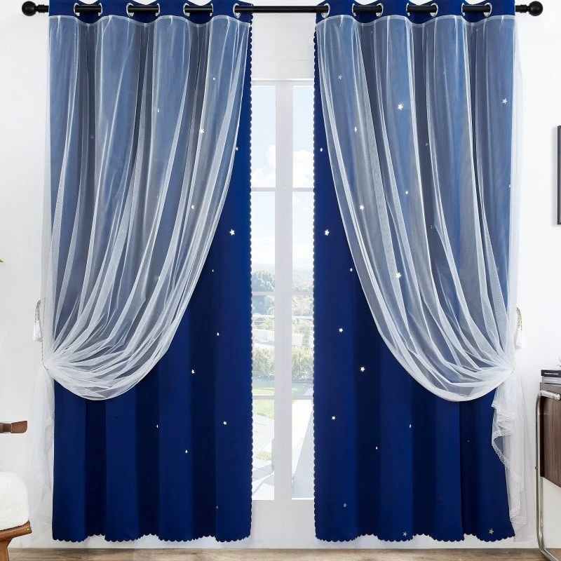 4pcs  2 sets   1.5m*2.5m  Romantic and elegant double-layer curtains (star fabric + gauze window) available in 4 colors. . Highly effective at blocking light，Suitable for living rooms and bedrooms