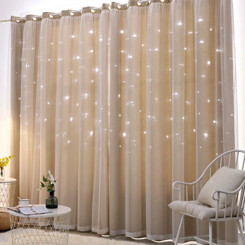 4pcs  2 sets   1.5m*2.5m  Romantic and elegant double-layer curtains (star fabric + gauze window) available in 4 colors. . Highly effective at blocking light，Suitable for living rooms and bedrooms