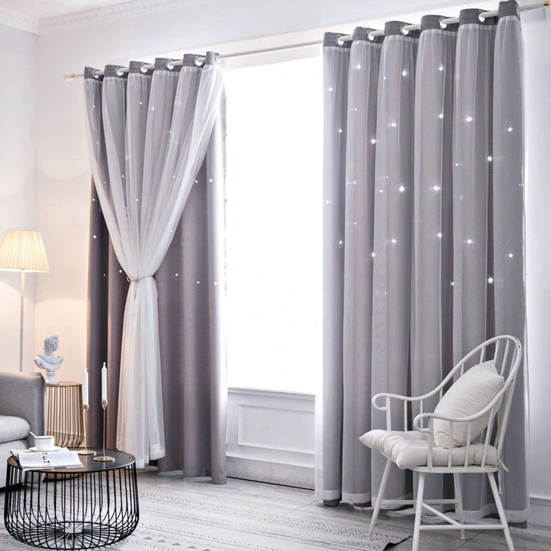 4pcs  2 sets   1.5m*2.5m  Romantic and elegant double-layer curtains (star fabric + gauze window) available in 4 colors. . Highly effective at blocking light，Suitable for living rooms and bedrooms