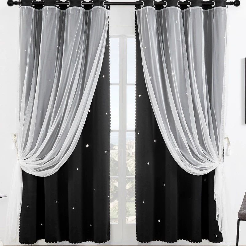 4pcs  2 sets   1.5m*2.5m  Romantic and elegant double-layer curtains (star fabric + gauze window) available in 4 colors. . Highly effective at blocking light，Suitable for living rooms and bedrooms