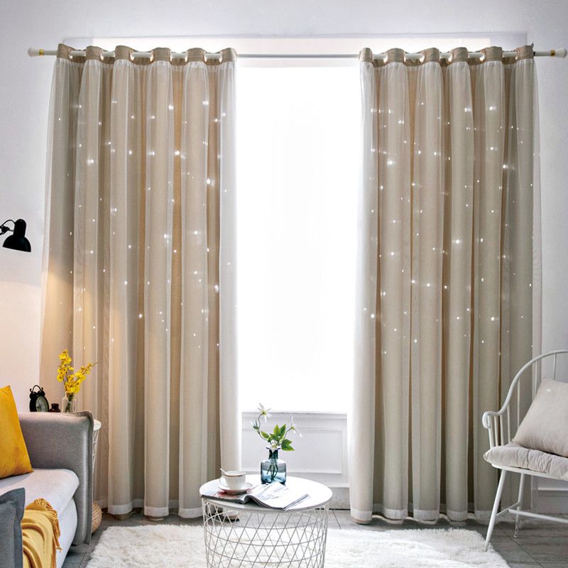 4pcs  2 sets   1.5m*2.5m  Romantic and elegant double-layer curtains (star fabric + gauze window) available in 4 colors. . Highly effective at blocking light，Suitable for living rooms and bedrooms