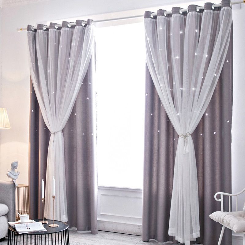 4pcs  2 sets   1.5m*2.5m  Romantic and elegant double-layer curtains (star fabric + gauze window) available in 4 colors. . Highly effective at blocking light，Suitable for living rooms and bedrooms