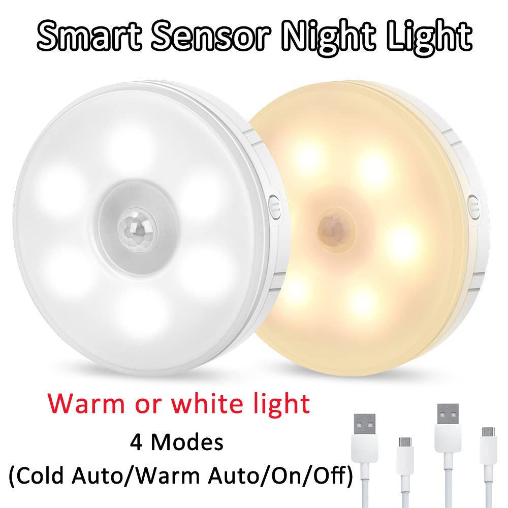 Motion Sensor LED Night Light, USB Charging, 4 Modes (Cold Auto/Warm Auto/On/Off), Two Colours Upgrade, Magnetic Sticker Wireless Wall Light Cabinet Light for Kitchen, Stairs, Bedroom, Hallway