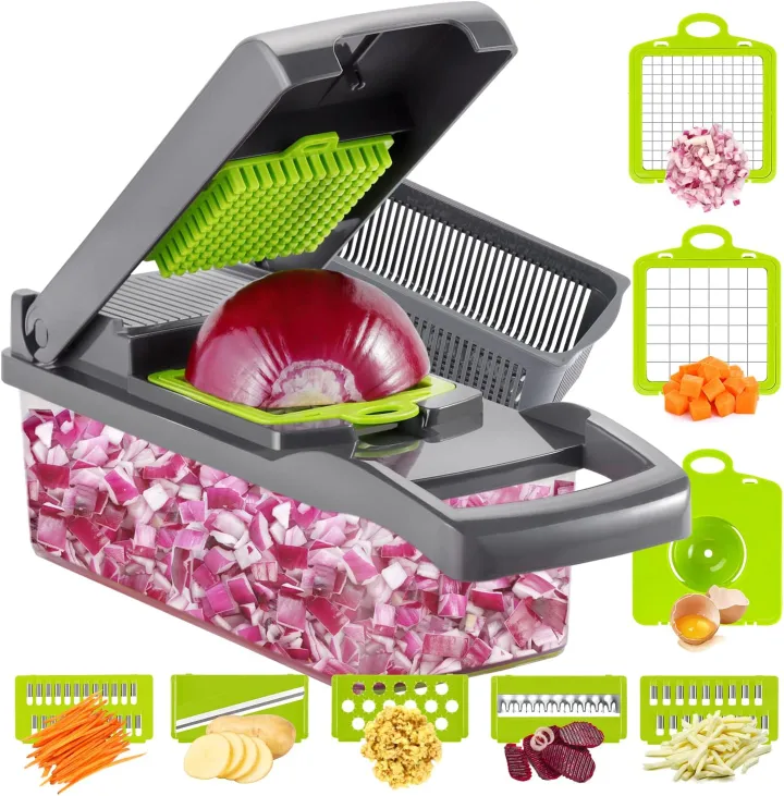 Vegetable Chopper Onion Knife 13 in 1 Professional Slicer For Potatoes, Tomatoes, Vegetables Multifunctional Food Slicer, Dicing Machine, Adjustable Cutter Container with Filter Basket 8 Blades (Grey)