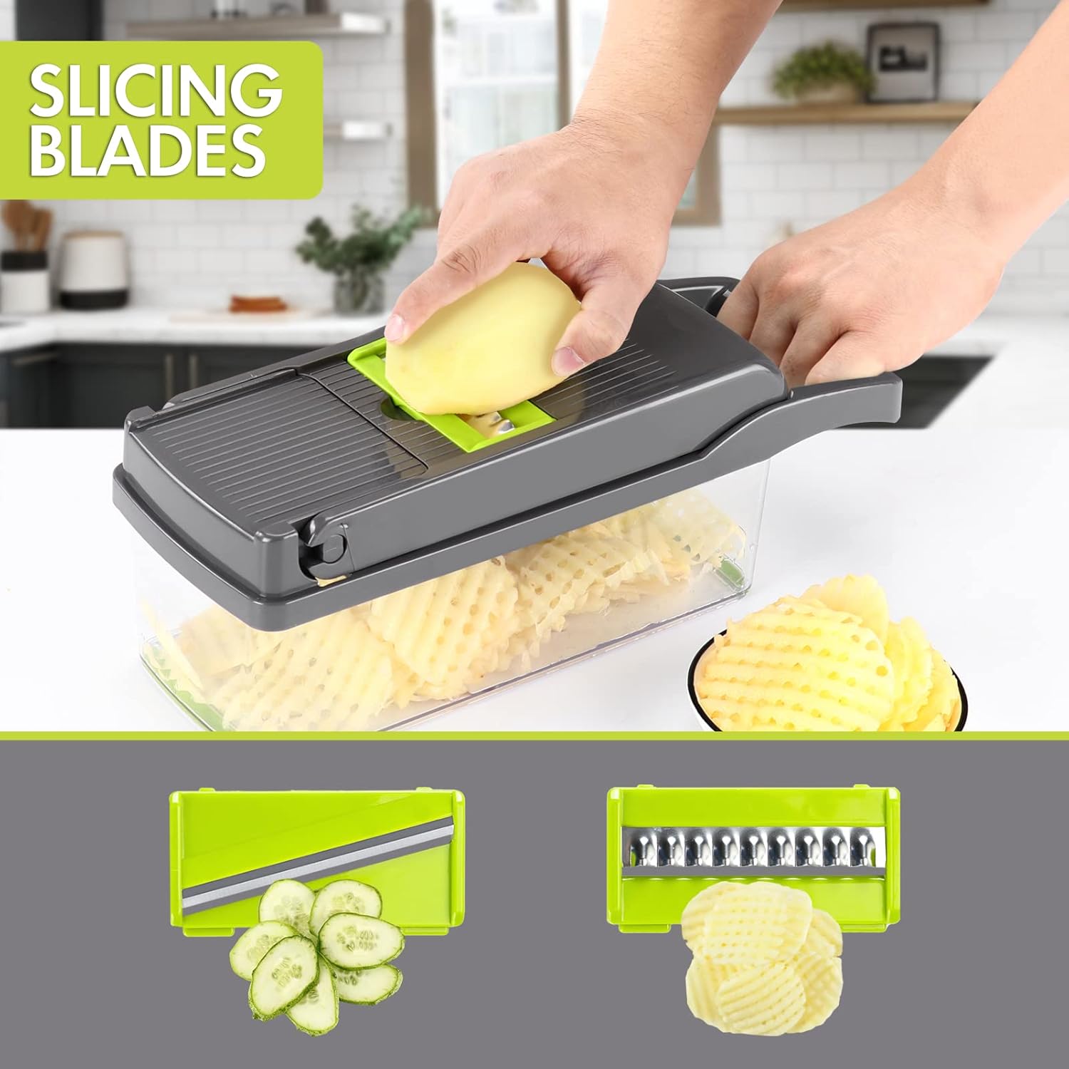 Vegetable Chopper Onion Knife 13 in 1 Professional Slicer For Potatoes, Tomatoes, Vegetables Multifunctional Food Slicer, Dicing Machine, Adjustable Cutter Container with Filter Basket 8 Blades (Grey)
