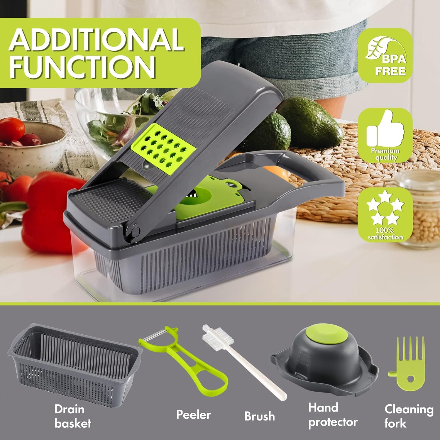 Vegetable Chopper Onion Knife 13 in 1 Professional Slicer For Potatoes, Tomatoes, Vegetables Multifunctional Food Slicer, Dicing Machine, Adjustable Cutter Container with Filter Basket 8 Blades (Grey)
