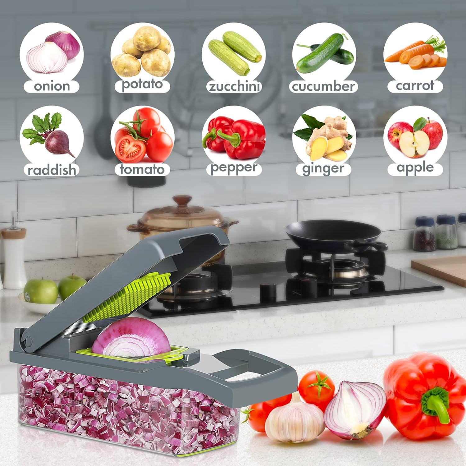 Vegetable Chopper Onion Knife 13 in 1 Professional Slicer For Potatoes, Tomatoes, Vegetables Multifunctional Food Slicer, Dicing Machine, Adjustable Cutter Container with Filter Basket 8 Blades (Grey)