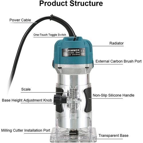 800W Electric Wood Trimmer Handheld Palm Router Machine - 30000RPM High Speed Woodworking Slotter & Engraver - Ideal Power Tool for Carpentry & DIY