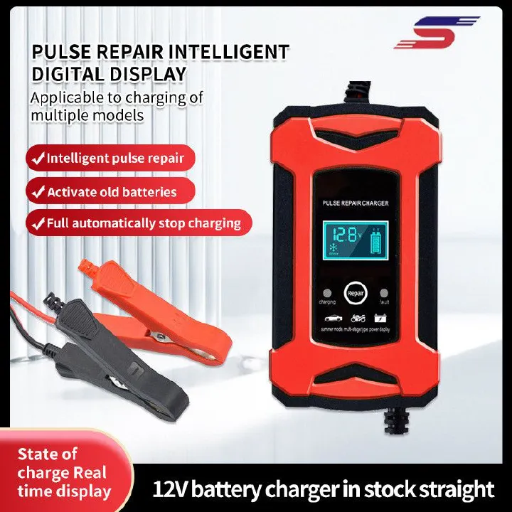 12V 6A Automatic Smart Car Battery Charger with LCD Display | Pulse Repair Function for Car, Motorbike & Marine Batteries | Fast Charging Ideal for Home & Garage