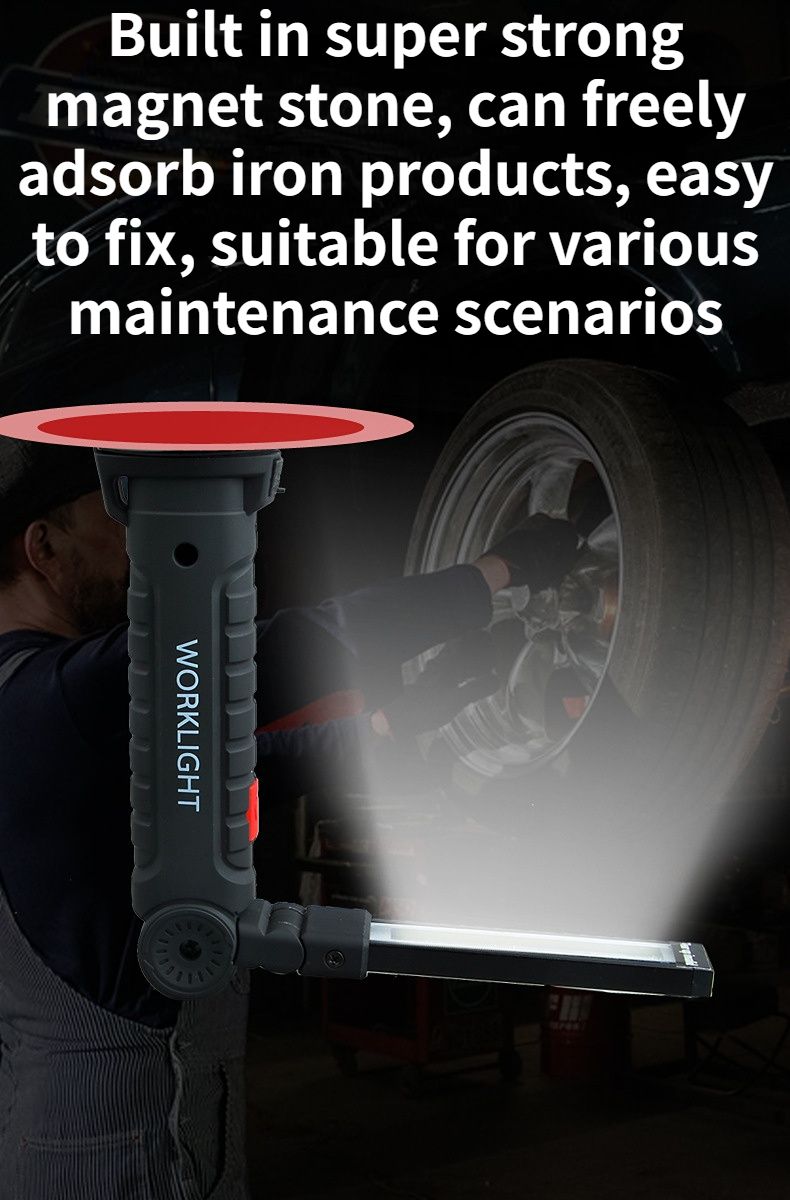 USB multifunctional COB work light LED flashlight rechargeable red warning light strong light 360 ° rotating mechanical light with magnetic base hook black--Send a charging cable