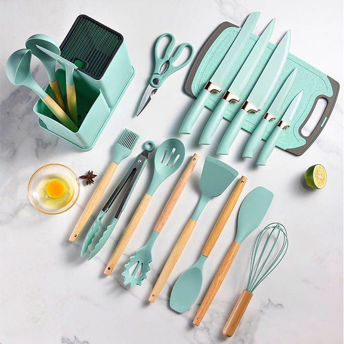 19PCs Set of Wood Spoon And Knife Set - Includes Chopping Board. Elevate your culinary experience with our Premium 19-Piece Silicone Kitchen Utensil Set  with Wooden Handle Silicone Kitchenware