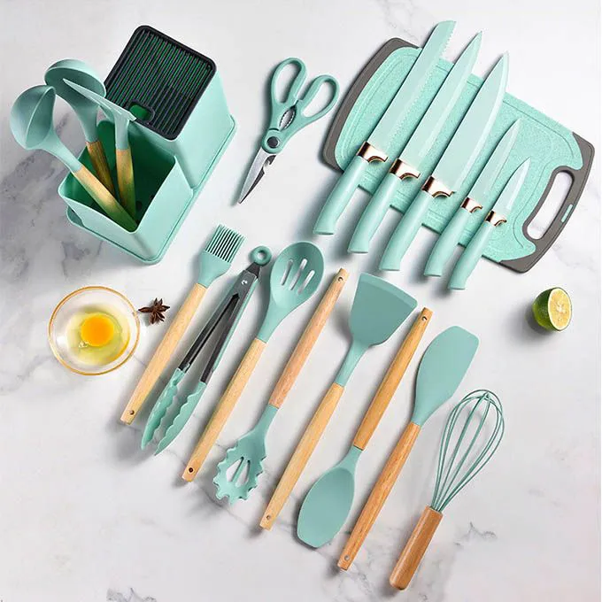 19PCs Set of Wood Spoon And Knife Set - Includes Chopping Board. Elevate your culinary experience with our Premium 19-Piece Silicone Kitchen Utensil Set  with Wooden Handle Silicone Kitchenware