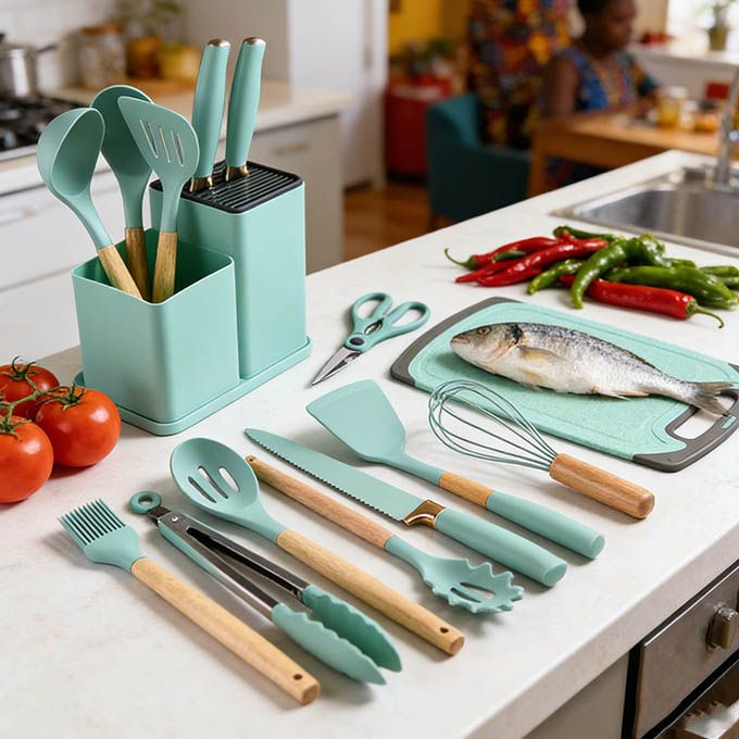 19PCs Set of Wood Spoon And Knife Set - Includes Chopping Board. Elevate your culinary experience with our Premium 19-Piece Silicone Kitchen Utensil Set  with Wooden Handle Silicone Kitchenware