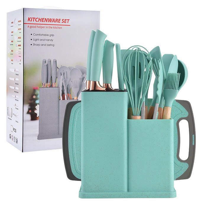 19PCs Set of Wood Spoon And Knife Set - Includes Chopping Board. Elevate your culinary experience with our Premium 19-Piece Silicone Kitchen Utensil Set  with Wooden Handle Silicone Kitchenware