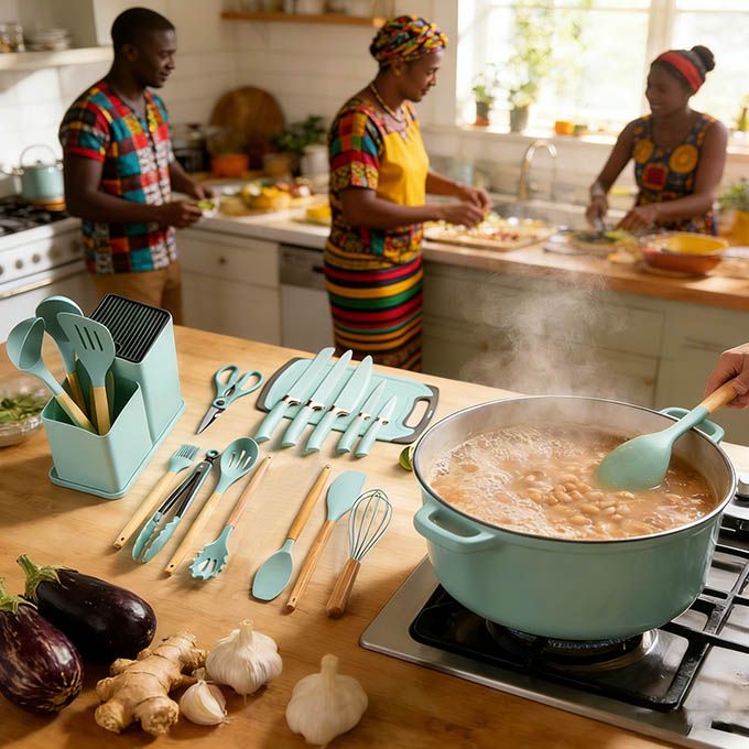 19PCs Set of Wood Spoon And Knife Set - Includes Chopping Board. Elevate your culinary experience with our Premium 19-Piece Silicone Kitchen Utensil Set  with Wooden Handle Silicone Kitchenware