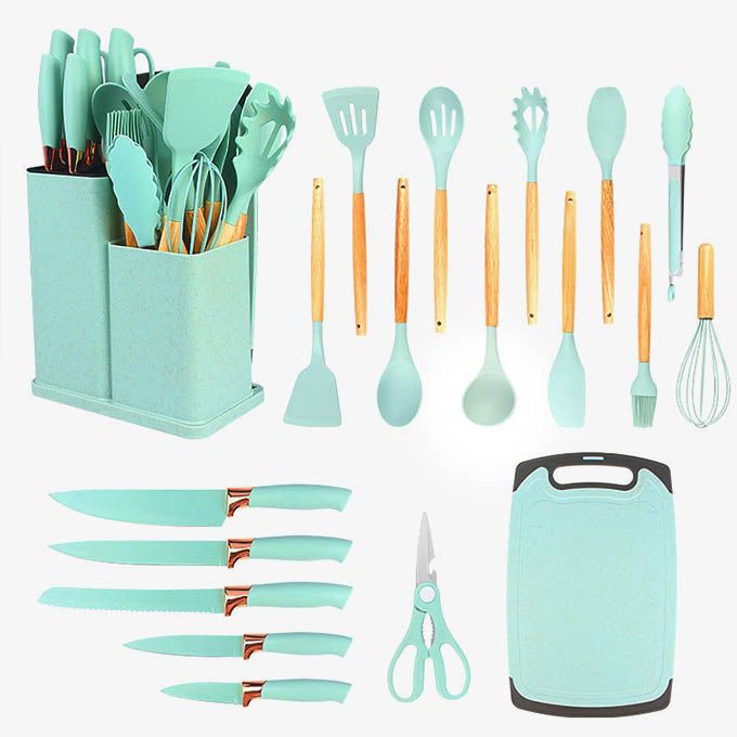 19PCs Set of Wood Spoon And Knife Set - Includes Chopping Board. Elevate your culinary experience with our Premium 19-Piece Silicone Kitchen Utensil Set  with Wooden Handle Silicone Kitchenware