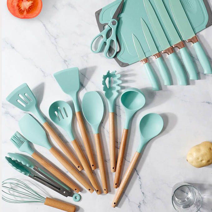 19PCs Set of Wood Spoon And Knife Set - Includes Chopping Board. Elevate your culinary experience with our Premium 19-Piece Silicone Kitchen Utensil Set  with Wooden Handle Silicone Kitchenware