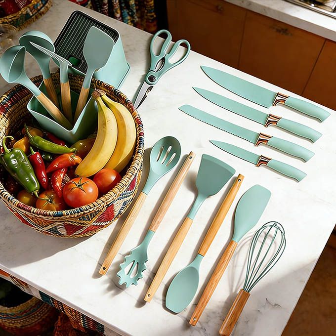 19PCs Set of Wood Spoon And Knife Set - Includes Chopping Board. Elevate your culinary experience with our Premium 19-Piece Silicone Kitchen Utensil Set  with Wooden Handle Silicone Kitchenware