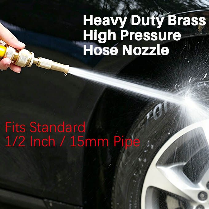 Heavy Duty Brass High Pressure Hose Nozzle - Adjustable Water Spray Gun for Car Wash & Garden Irrigation (Fits Standard 1/2 Inch / 15mm Pipe)