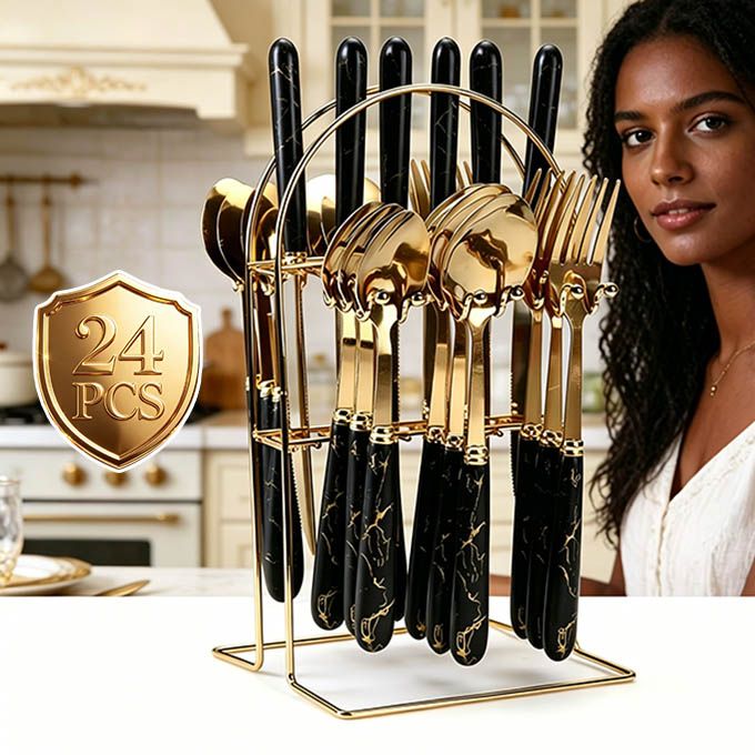 24pcs/set Deluxe Gold Cutlery Set with Ceramic Handles - Luxury Stainless Steel Spoon, Fork & Knife Set - Ideal for Home Dining, Parties & Gifting