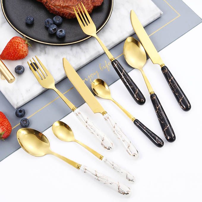 24pcs/set Deluxe Gold Cutlery Set with Ceramic Handles - Luxury Stainless Steel Spoon, Fork & Knife Set - Ideal for Home Dining, Parties & Gifting