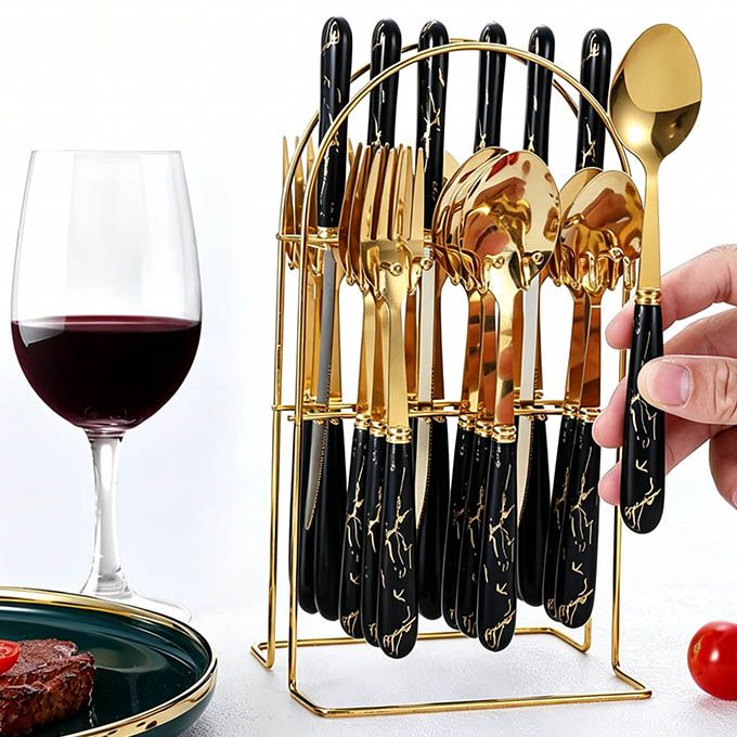 24pcs/set Deluxe Gold Cutlery Set with Ceramic Handles - Luxury Stainless Steel Spoon, Fork & Knife Set - Ideal for Home Dining, Parties & Gifting