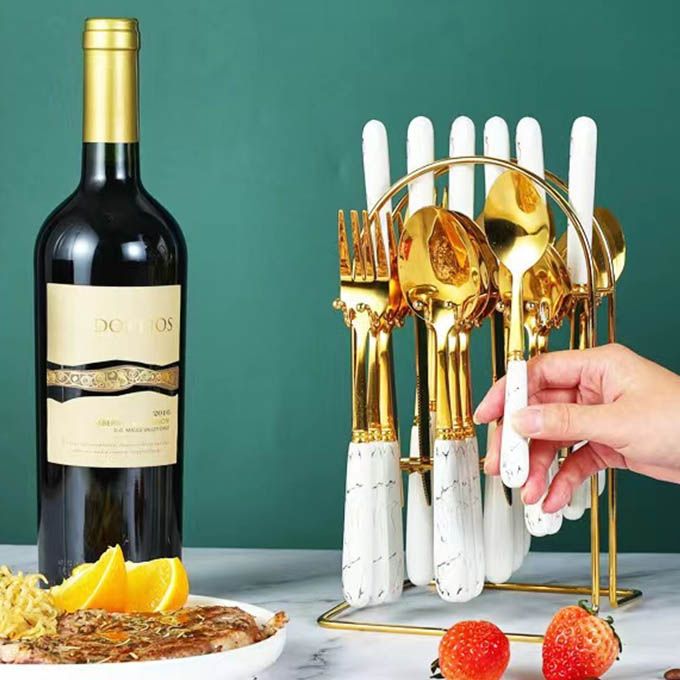 24pcs/set Deluxe Gold Cutlery Set with Ceramic Handles - Luxury Stainless Steel Spoon, Fork & Knife Set - Ideal for Home Dining, Parties & Gifting